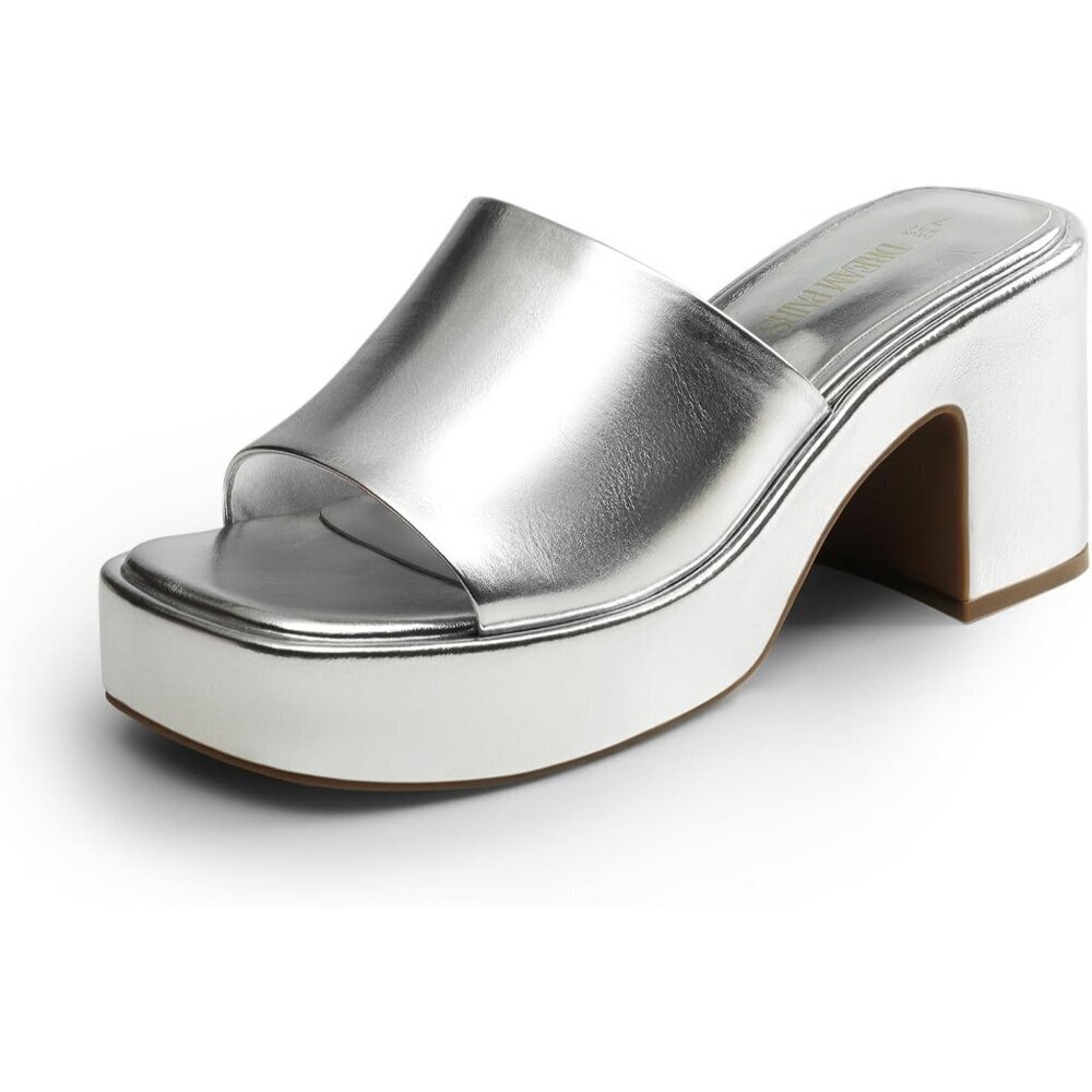 🆕 Women Silver High Chunky Platform Heels Fashion Comfort Slip on Square Sandal